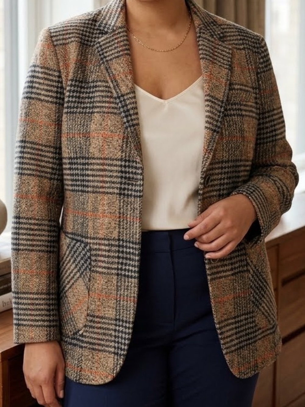 Plaid Blazer Jacket Lined Large Women Pockets Business Casual Preppy Wool Blend